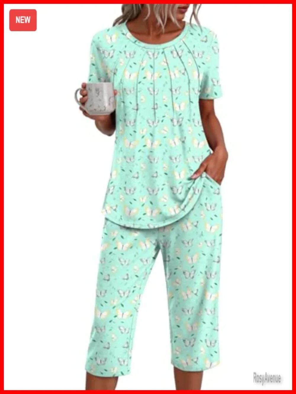 Summer 2 Piece Pajama Set with Short Sleeves & Pockets